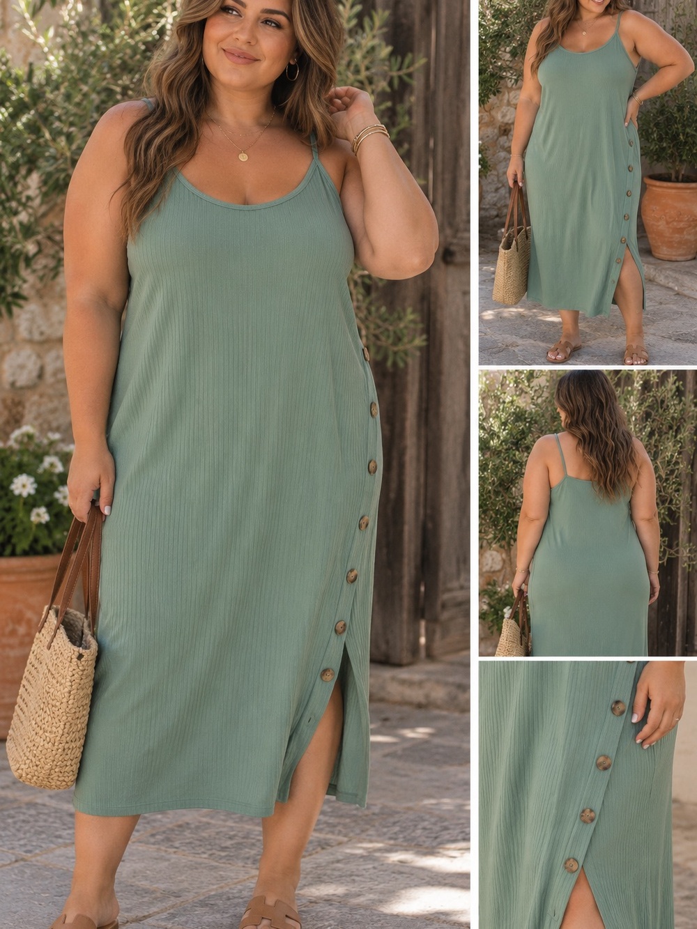 Plus-Size Ribbed Tank Dress in Sage Green with Side Button Detail